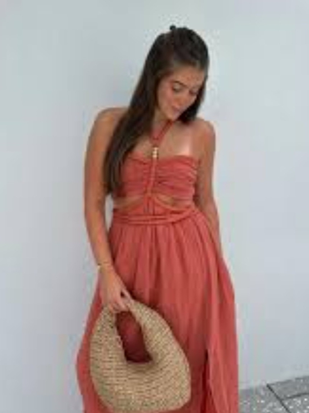 Strapless Coral Maxi Dress with Halter Accent